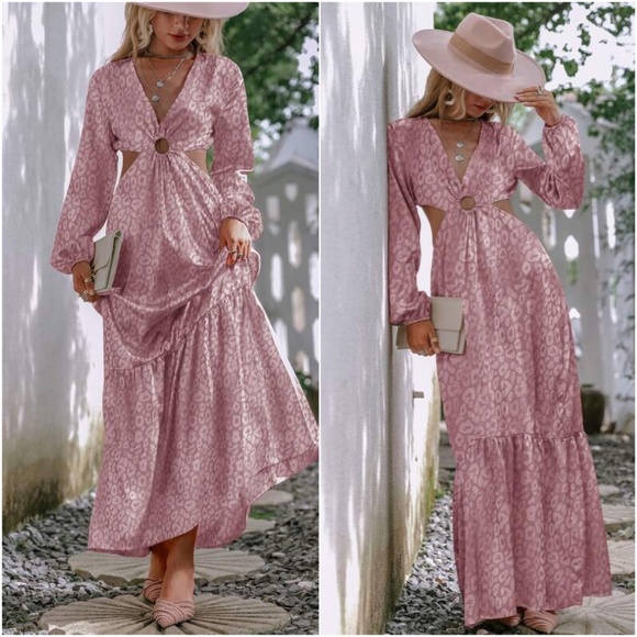 Boho Pink leopard print Cut out Ruffle Lantern Sleeve Maxi Dress Party - Picture 1 of 12